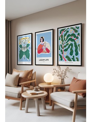 1001 Siyah Çerçeveli 3’lü Tablo Seti Iskandinav Çiçek ve Portre – Salon Set 30142, 21 x 30