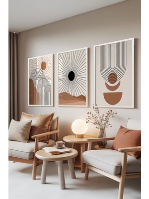 1001 Beyaz Çerçeveli 3’lü Tablo Seti Güneş Işınları Minimal Tarz Salon Set 30057, 21 x 30