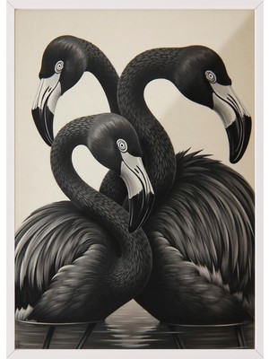 1001 Beyaz Çerçeveli Duvar Tablosu Siyah Tonlarda Üçlü Flamingo Modern Stil Salon Dekoru, 10 x 15