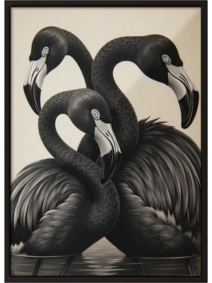 1001 Siyah Çerçeveli Duvar Tablosu Siyah Tonlarda Üçlü Flamingo Modern Stil Salon Dekoru, 50 x 70