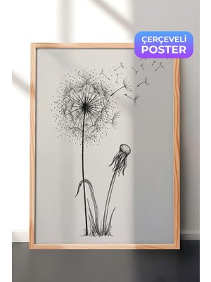 1001 Ahşap Çerçeveli Duvar Tablosu Karahindiba Çiçeği Siyah Beyaz Çizim Salon Dekoru, 13 x 18