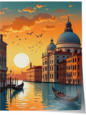 1001 Poster Venedik Gün Batımı ve Gondol Manzarası Salon Dekoru, 15 x 21