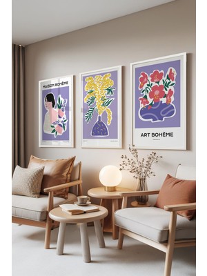 1001 Beyaz Çerçeveli 3’lü Tablo Seti Bohem Çiçek & Portre Tasarım – Salon Set 30138, 50 x 70