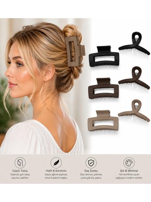 1001 Kadın Ikili Model Siyah Kahverengi Tonlar 6'lı Set, Kadın Çocuk Mandal Toka, Lastik Toka Seti, K