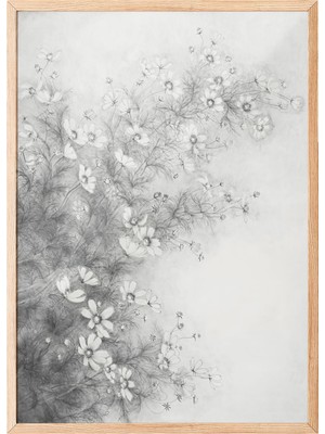 1001 Ahşap Çerçeveli Duvar Tablosu Minimal Çiçek Eskizi – Gri Tonlar Salon Dekoru, 30 x 40