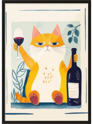 1001 Siyah Çerçeveli Duvar Tablosu Keyifli Kedi Mutfak Dekoru, 50 x 70