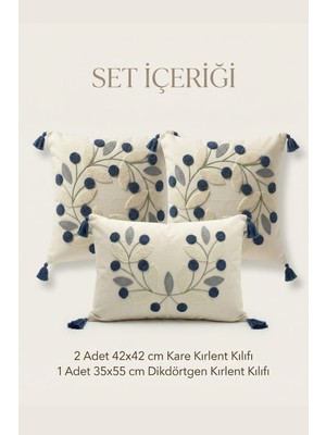 Buldan Natura Papatya 3’lü Punch Nakışlı Dekoratif Kırlent Kılıfı Seti – 2 Adet 42×42 cm Kare + 1 Adet 35×55 cm Dikdörtgen Kırlent Kılıfı – Renk: Mavi – Seçili ebat: 43×43 cm