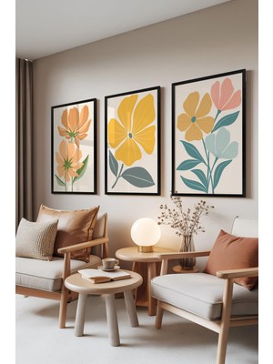 1001 Siyah Çerçeveli 3’lü Tablo Seti Sarı Çiçekler – Pastel Botanik Stil Yatak Odası Set 30063