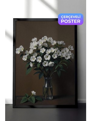 1001 Siyah Çerçeveli Tablo Beyaz Çiçek Demeti – Pastel Botanik Yatak Odası Dekoru Poster 102686, 2