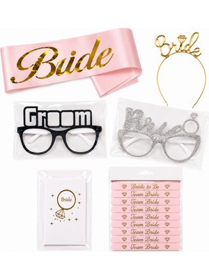 1001 28 Parça Altın Pembe Bekarlığa Veda Parti Aksesuar Seti – Bride Kuşak, Gümüş Taç, Bride &