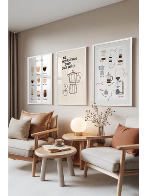 1001 Beyaz Çerçeveli 3’lü Tablo Seti Kahve Tutkusu – Coffee Lover Serisi Mutfak Set 30004, 70 x 10