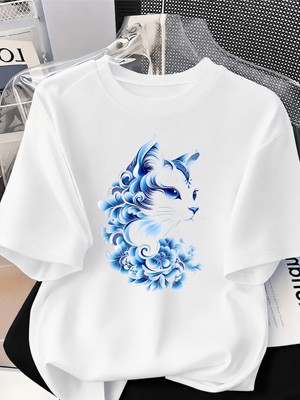 Donamod Pamuklu Kadın/erkek Oversize Kedi Tasarımlı T-Shirt