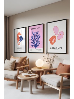 1001 Siyah Çerçeveli 3’lü Tablo Seti Ocean Life – Denizatı Mercan ve Midye Oturma Odası Set 3004
