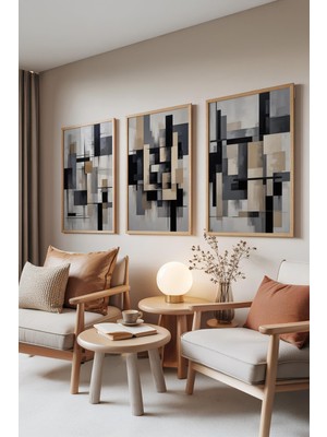 1001 Ahşap Çerçeveli 3’lü Tablo Seti Gri ve Bej Soyut Geometrik Desenler Oturma Odası Set 30020, 2