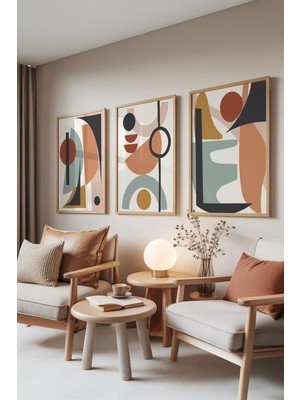 1001 Ahşap Çerçeveli 3’lü Tablo Seti Renkli Geometrik Figürler Salon Set 30058, 50 x 70