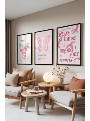 1001 Siyah Çerçeveli 3’lü Tablo Seti Dreamy Pink – Motivasyon & Kelebek Genç Odası Set 30081, 21