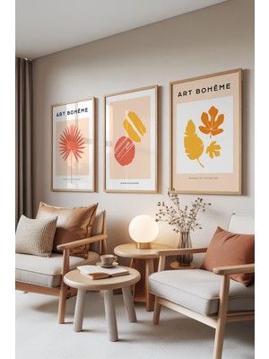 1001 Ahşap Çerçeveli 3’lü Tablo Seti Modern Boho Minimalist – Salon Set 30137, 30 x 40