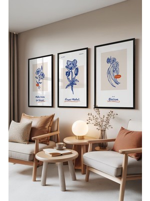 1001 Siyah Çerçeveli 3’lü Tablo Seti Flower Market Koleksiyonu – Çiçek ve Yaprak Salon Set 30044