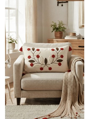 Buldan Natura Papatya Çiçek ve Yaprak Motifli Punch Nakışlı Dekoratif Kırlent Kılıfı 35×55 cm