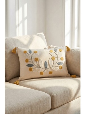 Buldan Natura Papatya Çiçek ve Yaprak Motifli Punch Nakışlı Dekoratif Kırlent Kılıfı 35×55 cm