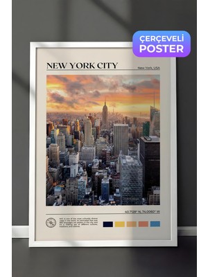 1001 Beyaz Çerçeveli Duvar Tablosu New York City Şehir Manzarası Salon Dekoru, 70 x 100