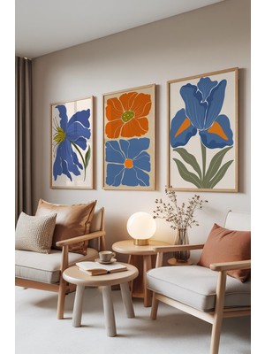 1001 Ahşap Çerçeveli 3’lü Tablo Seti Mavi & Turuncu Çiçekler – Modern Botanik Salon Set 30064,