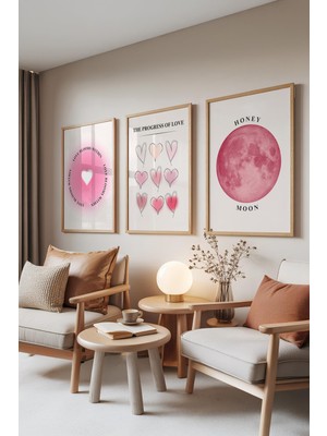 1001 Ahşap Çerçeveli 3’lü Tablo Seti Aşkın Evrimi ve Ay – Pembe Tonlar Yatak Odası Set 30003,
