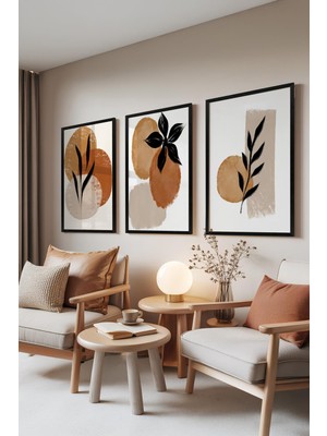 1001 Siyah Çerçeveli 3’lü Tablo Seti Terracotta Dreams – Soyut Yaprak Desenleri Salon Set 30101, 2