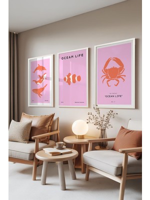 1001 Beyaz Çerçeveli 3’lü Tablo Seti Ocean Life – Deniz Canlıları Koleksiyonu Salon Set 30046, 1