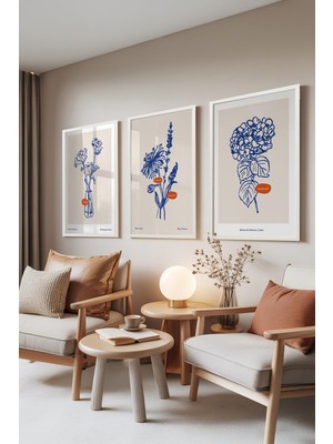 1001 Beyaz Çerçeveli 3’lü Tablo Seti Mavi Çiçek Çizimleri Oturma Odası Set 30042, 50 x 70