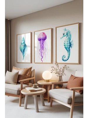 1001 Ahşap Çerçeveli 3’lü Tablo Seti Deniz Canlıları – Midye Denizanası Denizatı Salon Set 30