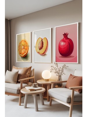 1001 Beyaz Çerçeveli 3’lü Tablo Seti Meyve Illüstrasyonu – Canlı Tonlar Mutfak Set 30113, 15 x