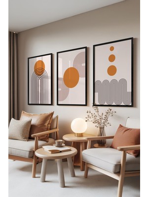 1001 Siyah Çerçeveli 3’lü Tablo Seti Turuncu Güneş ve Desenler – Modern Stil Salon Set 30010, 30