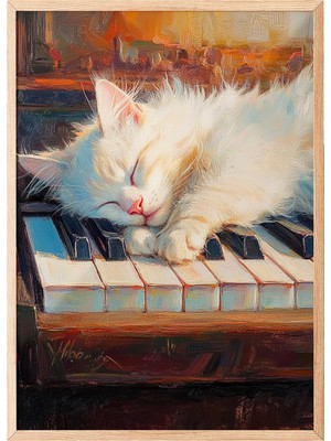 1001 Ahşap Çerçeveli Duvar Tablosu Uyuyan Kedi Illüstrasyonu Salon Dekoru, 10 x 15