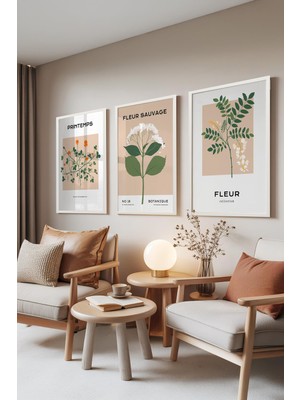1001 Beyaz Çerçeveli 3’lü Tablo Seti Printemps – Bej Botanik Stil Ofis Set 30069, 21 x 30