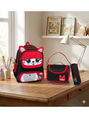 1001 Sevimli Kedi Ilkokul Çanta Seti Kırmızı Unisex