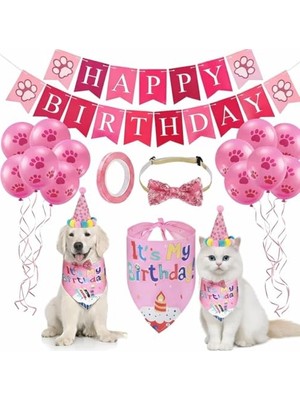 Frefly Store Evcil Hayvan Doğum Günü Süsleme Seti – Köpek ve Kedi Için Birthday Party Konsept Paketi – Balon, Happy Birthday Banner, Bandana, Papyon, Şapka ve Parti Aksesuarları