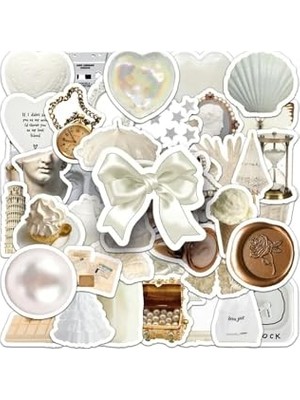 Frefly Store 50'li White Aesthetic Temalı Sticker Etiket Seti - Beyaz Sticker - Laptop Notebook Telefon