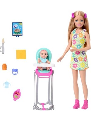 Frefly Store Barbie Aksesuarlarla Birlikte Gelen Barbie Skipper Bebek ve Oyun Seti, Yemek Zamanı Temalı Bebek Bakıcılığı Seti, Renk Değiştiren Oyuncak, HTK35