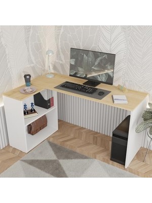 Frefly Store L Çalışma Masası Bilgisayar Masası Dolaplı Kitaplıklı Meşe Sol Yön
