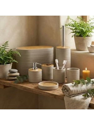 Frefly Store 6 Parça Banyo Seti, Bambu Detaylı, 8l Çöp Kovası 24X26X16 cm (Beyaz)