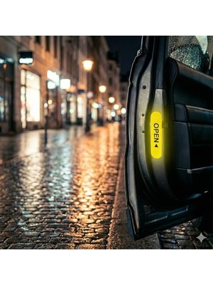 Frefly Store Reflektif Araç Kapı Uyarı Stickerı 2'li Set – Gece Görünür Güvenlik Bandı | Yapışkanlı, Suya Dayanıklı, “open” Yazılı | Kapı Açılınca Uyarı Etiketi – Sarı Renk