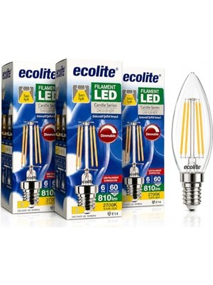 Frefly Store Ecolite Filament LED Mum Ampul E14 Duy 6W 810 Lümen Dim Edilebilir 2700K Sarı Işık Şeffaf Dekoratif Vintage Ampul 60W Eşdeğer C35 Candle Series (3)          [enerji Sınıfı D]