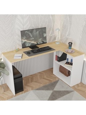 Frefly Store Dolaplı Kitaplıklı Meşe Bilgisayar Masası, Sol Yönlü