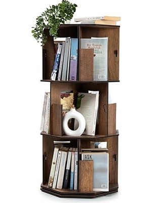 Frefly Store Vigo Wood 360° Döner Kitaplık – Modern ve Dekoratif Çok Katmanlı Ahşap Kitap ve Dergi Rafı (Ceviz, 3 Raflı)