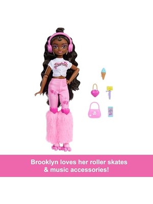 Frefly Store Barbie Rüya Arkadaşlar Bebek ve Aksesuarları, Eklemleri Bükülebilen, Koyu Kahverengi Saçlı, Patenci Barbie 'brooklyn' Bebek, Müzik ve Video Temalı 9 Parça, JFX97