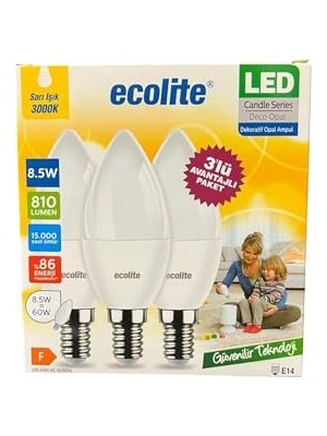 Frefly Store Ecolite 8 W LED Mum Ampul – E14 Duy, 810 Lümen, 3000K Sarı Işık, 60W Eşdeğer, 3’lü Paket, Opal Dekoratif Ampul, Dimmer Uyumlu Değil,%86 Enerji Tasarrufu, 99X37 mm (Sarı)          [enerji Sınıfı F]