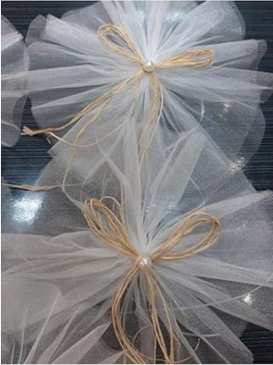 Frefly Store Beyaz Kristal Tüllü Doğal Rafyalı Bohça, 5 Adet ile Özel Süsleme