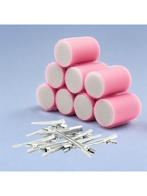 Frefly Store Croc 1207 Pembe Cırtlı Sünger Bigudi 8li Çap 4cm + 12LI Alüminyum Saç Pensi