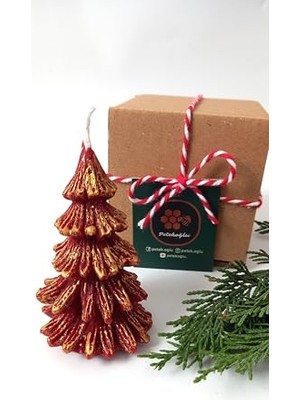 Frefly Store Petekoğlu Doğal Petek Balmumu Mum Kırmızı Altın Simli Çam Ağacı Boy 8.5 cm Bal Mumu Beeswax Candle